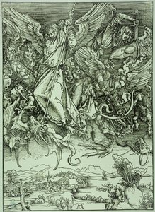 O Apocalipse (Edição latina): São Miguel a derrotar o Dragão (Bartsch 72) de Albrecht Dürer