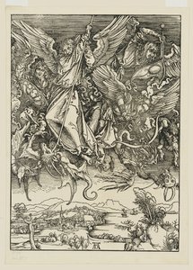 Miguel e os seus anjos combatem o dragão de Albrecht Dürer