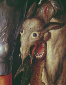 Retábulo de Paumgartner: detalhe da Asa da Mão Esquerda, representando a cabeça do dragão derrotado por São Jorge, c.1500 têmpera no detalhe do painel de 495745 de Albrecht Dürer