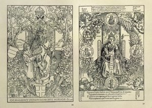 Filosofia e um imperador de Habsburgo, de quatro amor pelos livros ", escrito por Konrad Celtis de Nuremberg de 1502 de Albrecht Dürer