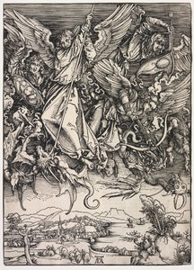 Revelação de São João: São Miguel lutando contra o dragão, 1511. de Albrecht Dürer
