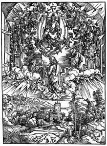 Cena do Apocalipse, São João diante de Deus Pai e dos vinte e quatro anciãos, 1498, 1936. de Albrecht Dürer
