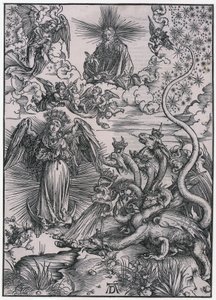 A Mulher do Sol e o Dragão de Sete Cabeças, Figura IX, Folha 11 da série «O Apocalipse» de Albrecht Dürer