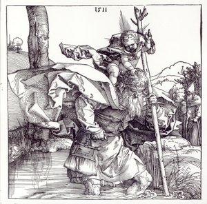 São Cristóvão carregando o Menino Jesus, 1511 (xilogravura) (bw photo) de Albrecht Dürer