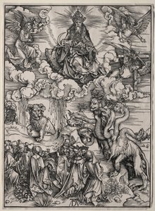 A besta com sete cabeças e a besta com chifres de cordeiros. de Albrecht Dürer