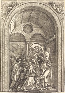 A Sagrada Família com dois anjos em um salão abobadado de Albrecht Dürer
