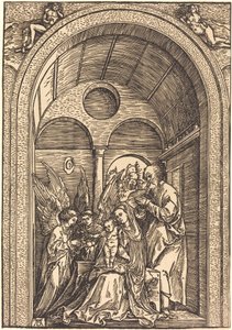 A Sagrada Família com dois anjos em um salão abobadado de Albrecht Dürer