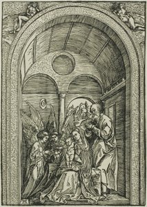A Sagrada Família com dois anjos numa sala abobadada de Albrecht Dürer