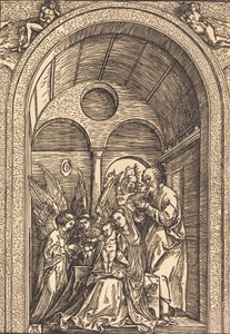 A Sagrada Família com dois anjos em um salão abobadado, c. 1504. de Albrecht Dürer