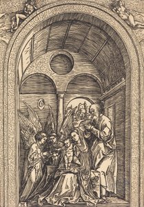 A Sagrada Família com dois anjos em um salão abobadado, c. 1504. de Albrecht Dürer