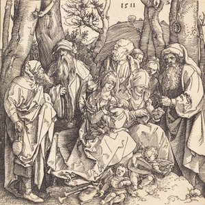 A Sagrada Família com dois anjos que fazem música, 1511. de Albrecht Dürer