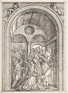 A Sagrada Família com dois anjos em um salão abobadado de Albrecht Dürer