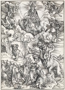 A Besta de Sete Cabeças e a Besta com Chifres de Cordeiros, de O Apocalipse de São João, 1496-98 de Albrecht Dürer