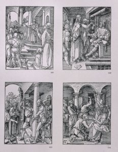 A série &39;Small Passion&39; (no sentido horário): Cristo antes de Pilatos; Cristo diante de Herodes; Flagelação; Coroação de espinhos, pub. 1511 de Albrecht Dürer