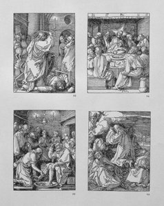 A série "Pequena Paixão": (no sentido horário) Cristo expulsando os cambistas do templo; a última Ceia; Cristo lavando os pés de Pedro; Agonia no jardim, pub.1511