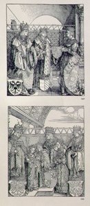 O Arco do Triunfo do imperador Maximiliano I (1459-1519): detalhe mostrando dois painéis colocados acima do portal da esquerda representando eventos na vida do Imperador Maximiliano, pub. 151728 de Albrecht Dürer