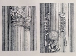 O Arco do Triunfo do Imperador Maximiliano I da Alemanha (1459-1519): dois detalhes das Portas centrais de Honra e Poder mostrando coluna à esquerda e enfeites de capital, datados de 1515, pub. 151718 (wo de Albrecht Dürer
