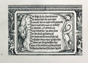 O Arco do Triunfo do imperador Maximiliano I da Alemanha 1459-1519: detalhe do esquema decorativo mostrando uma pele de leão com uma inscrição elogiando as conexões da família dos imperadores, pub. 151718 xilogravura de Albrecht Dürer