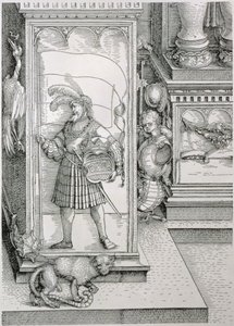 O Arco do Triunfo do imperador Maximiliano I da Alemanha 1459-1519: detalhe da base da coluna do portal com um relevo esculpido de uma figura masculina carregando um padrão e um brasão coroado, pub. 151718 woodc de Albrecht Dürer