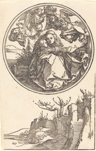 A Virgem Coroada por Dois Anjos sobre uma Paisagem, em ou antes de 1515. de Albrecht Dürer