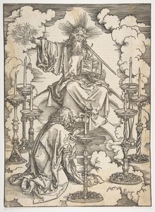 A Visão dos Sete Castiçais, de O Apocalipse, Edição Alemã 1498, ca. 1498. de Albrecht Dürer