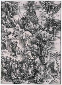 Animal com chifres de cordeiro, Figura XI, folha 13 da série «O Apocalipse» de Albrecht Dürer