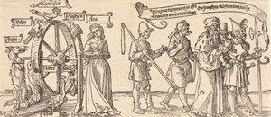 Tempo e uma raposa girando a roda da fortuna com pessoas de todas as classes à direita, provavelmente 1526. de Albrecht Dürer