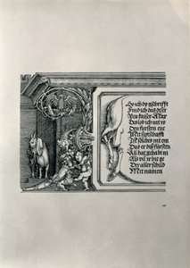 Arco do triunfo do imperador Maximiliano I da Alemanha 1459-1519: detalhe de uma pele de veado com uma inscrição que enaltecia as conexões da família dos imperadores, com uma cabra de orelhas caídas, símbolo de audição aguda de Albrecht Dürer