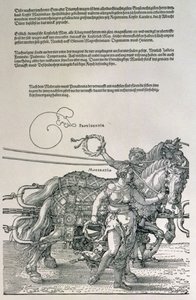 Carruagem Triunfal do Imperador Maximiliano I da Alemanha (1459-1519): detalhe das equipes de cavalos, guiadas por duas Virtudes, Providência e Moderação, pub. c.1518 (xilogravura) de Albrecht Dürer