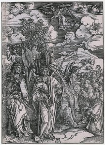 Quatro anjos a conter os ventos / O selamento dos eleitos, V. Figura, folha 7 da série «O Apocalipse» de Albrecht Dürer