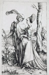 Um casal caminhando, observado pela Morte escondido atrás de uma árvore, segurando uma ampulheta). Gravura de Albrecht Durer (1471-1528) 1496-1498 Dim. 19x12 cm Berlim, gabinete de gravura de Albrecht Dürer