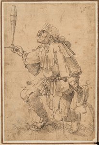 Um homem grotesco ajoelhado, segurando um copo de cerveja alto na sua base de Albrecht Dürer