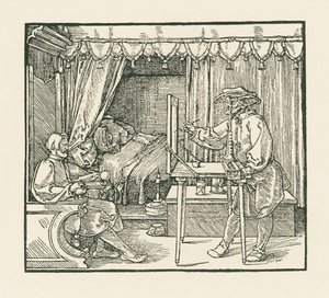Um artista a desenhar um homem sentado num plano de vidro através de um visor de Albrecht Dürer or Duerer