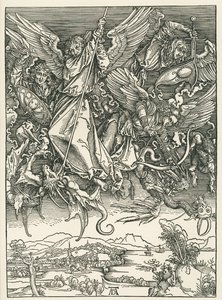 Arcanjo Miguel lutando contra o Dragão. O Apocalipse de São João, c.1498 (xilogravura) de Albrecht Dürer or Duerer