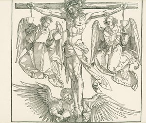 Cristo na cruz com três anjos, c.1513 (xilogravura) de Albrecht Dürer or Duerer