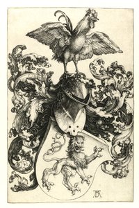 Brasão de armas com leão e galo. 1502-03 de Albrecht Dürer