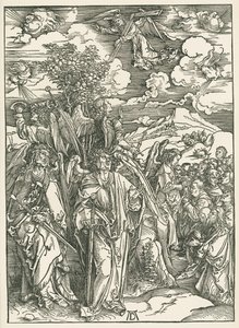 Quatro anjos a controlar os ventos e a assinatura dos eleitos. O Apocalipse de São João, c.1497-98 (xilogravura) de Albrecht Dürer or Duerer