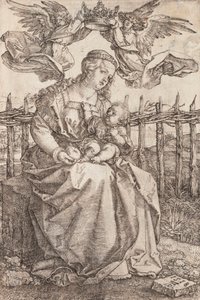 A Virgem Maria coroada por dois anjos - Gravura em cobre de Albrecht Durer (1471-1528) de Albrecht Dürer