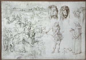 Violação de Europa, cabeças de leão, arqueiro, sábio, caveira (desenho) de Albrecht Dürer or Duerer