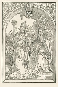 Roswitha, na presença da sua sobrinha Gerba, a abadessa de Gandersheim, apresenta as suas obras ao imperador Otão I de Albrecht Dürer or Duerer