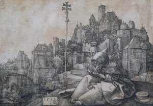 Santo António sentado em frente de uma cidade - Gravura em cobre de Albrecht Durer (1471-1528) de Albrecht Dürer