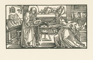 Santa Brígida no seu quarto a entregar a sua obra a um bispo de Albrecht Dürer or Duerer