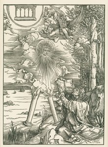 São João devorando o Livro apresentado pelo Anjo. O Apocalipse de São João, c.1498 (xilogravura) de Albrecht Dürer or Duerer