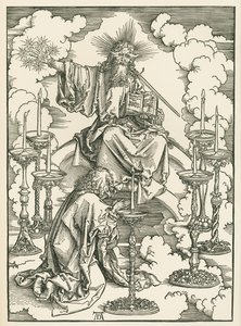A visão de São João de Cristo e os sete castiçais. A Revelação de São João Divino, c.1496-98 (xilogravura) de Albrecht Dürer or Duerer