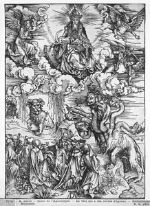 Cena do Apocalipse, O dragão de sete cabeças e dez chifres (xilogravura) (foto p - b) de Albrecht Dürer