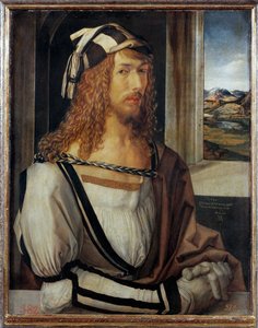 Autorretrato, com a inscrição "1498" (óleo sobre madeira) de Albrecht Dürer or Duerer