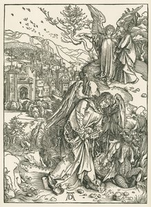 O Anjo com a Chave que lança o Dragão no Abismo e outro Anjo que mostra a São João a Nova Jerusalém, c.1497-98 (xilogravura) de Albrecht Dürer or Duerer