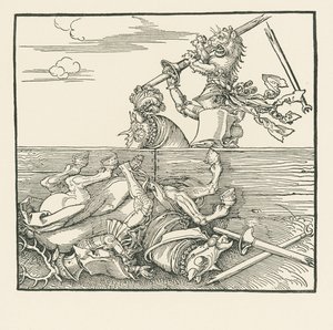 O Torneio Estrangeiro. Maximiliano tira o seu adversário Jacop de Heri da sela, c.1517-18 (xilogravura) de Albrecht Dürer or Duerer