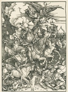 Os quatro cavaleiros do Apocalipse. O Apocalipse de São João, c.1497-98 (xilogravura) de Albrecht Dürer or Duerer