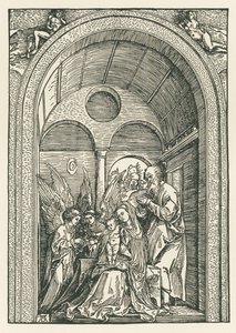 A Sagrada Família com dois anjos num pórtico, c.1503-04 (xilogravura) de Albrecht Dürer or Duerer